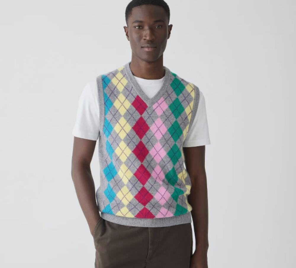 J. Crew 2024 Cashmere Sweater Vest Colorful Argyle Diamond Small Preppy Academia